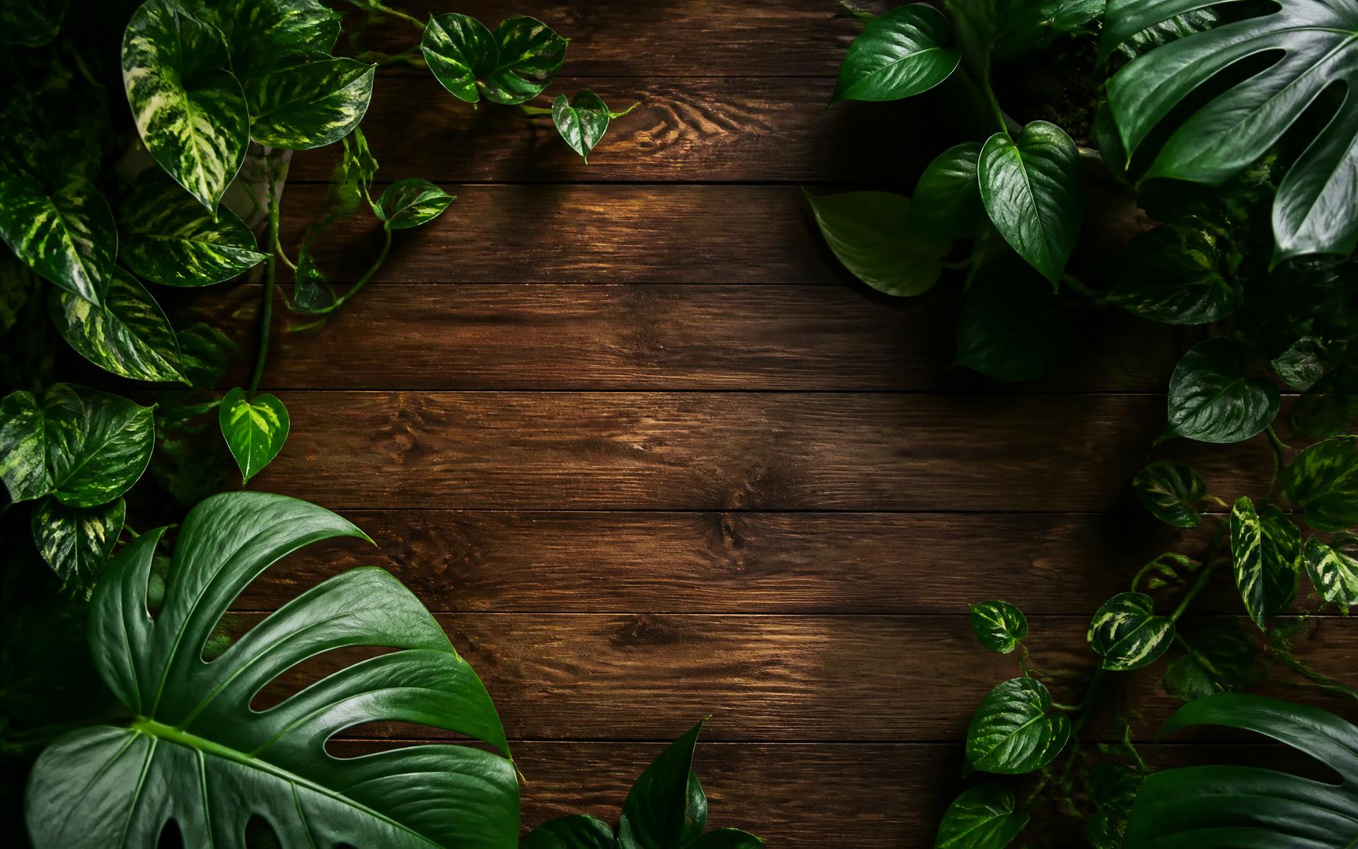 Dark wood table framed by monstera and pothos leaves